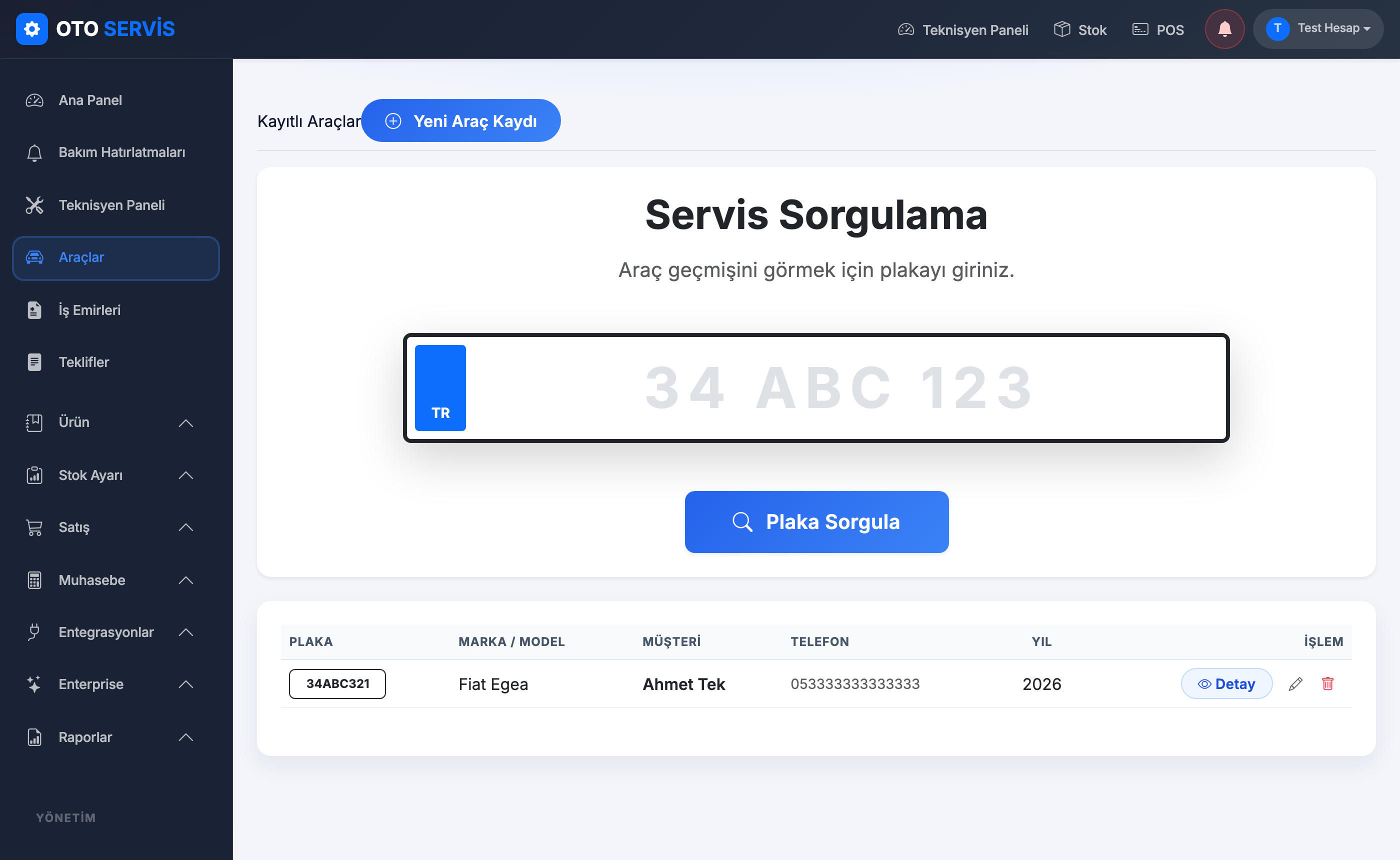 OtoServiso Araç Yönetimi ekranı